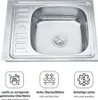 A stainless steel kitchen sink with a draining board, shown from a top-down perspective. Below the sink are three icons with accompanying text describing features. Náhľad obrázku produktu
