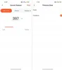 A split screen showing two mobile app interfaces. The left screen displays distance settings with a slider and numerical input. The right screen shows presence state options. Produktbild-Vorschau