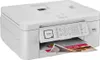 A white Brother MFC-J1010DW multifunction printer is shown from a slightly elevated front-side angle. A printed document is partially visible emerging from the output tray. Podgląd zdjęcia produktu