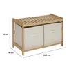 A wooden storage bench with two fabric baskets, shown with dimensions indicated. Podgląd zdjęcia produktu