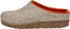 A side view of a beige felt slipper with an orange trim and a cork sole. Produktbild-Vorschau