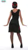 A woman is shown from the back wearing a black flapper-style dress with red fringe details and a red headband. Produktbild-Vorschau