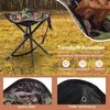 A camouflage-patterned folding stool is shown in an outdoor setting, with close-up views of its stitching and connection points. Produktbild-Vorschau