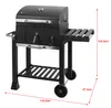 A black charcoal grill with dimensions indicated by red lines and text. Produktbild-Vorschau