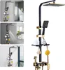 A collage of images showing a black and gold shower system with various accessories. Náhled obrázku produktu