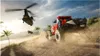 A red off-road vehicle kicking up dust on a dirt track, with a helicopter flying overhead. Produktbild-Vorschau