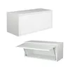 A white wall-mounted cabinet is shown in two states: closed and open. Produktbild-Vorschau