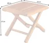 A wooden folding side table with dimensions indicated by measurement lines and text. Produktbild-Vorschau