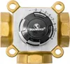 A close-up studio shot of a brass three-way mixing valve with a black dial and silver accents. Produktbild-Vorschau