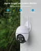 A white security camera is mounted on a wall, with rain falling around it, indicating its weather resistance. Produktbild-Vorschau