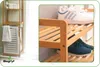 A collage of images showing a bamboo shelf unit with towels and a laundry basket, and a close-up of the unit holding shoes. Podgląd zdjęcia produktu