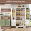 A kitchen scene featuring a white buffet cabinet with its doors open, showcasing its storage compartments and shelves filled with various items. A green cabinet is partially visible on the left. Náhľad obrázku produktu