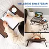 A collage of images showing a person using a portable laptop table in different settings: on a bed, with a laptop, and with food. Produktbild-Vorschau