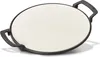 A round pizza stone with black handles on a white background. Podgląd zdjęcia produktu