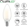 A product image of a LUMILED LED light bulb with accompanying feature icons and text. Produktbild-Vorschau