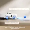 A robotic vacuum cleaner is shown with text overlays explaining its features, specifically its camera for dirt detection and custom cleaning strategies. Produktbild-Vorschau