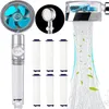 A product shot of a high-pressure propeller shower head with several replacement filters. Produktbild-Vorschau