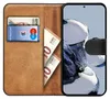A book-style phone case with slots for cards and cash, shown with a smartphone inside. Produktbild-Vorschau