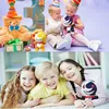 A collage of two images: the top shows children at a birthday party with plush toys, and the bottom shows children lying down with plush toys. Produktbild-Vorschau