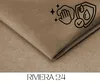 A close-up of a folded beige velour fabric, with icons indicating cleaning and water resistance. Produktbild-Vorschau