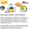 An image showing a vacuum cleaner, dust, and a yellow bucket with cleaning cloths, along with text providing instructions and warnings. Produktbild-Vorschau