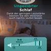 A girl sleeping in a bed with a fan overhead and a sound level comparison graphic at the bottom. Produktbild-Vorschau