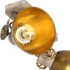 A close-up view of a steampunk-style lamp with a brass-colored shade and wooden accents. Produktbild-Vorschau