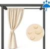 A close-up of a beige outdoor curtain hanging from a dark grey frame, with a circular inset showing water droplets on a beige surface. Voir les images du produit
