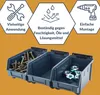 Three dark gray storage bins filled with hardware, with marketing icons and text above. Produktbild-Vorschau
