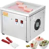 A stainless steel ice cream roll maker with a cooling pan, control buttons, and a fan, shown with accessories and finished ice cream products. Anteprima dell’immagine prodotto