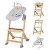 A collage of a baby high chair with a bouncer attachment, a separate high chair with a tray, and a separate high chair without a tray. Voir les images du produit
