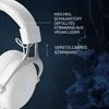 Close-up of a white gaming headset with descriptive text overlays. Produktbild-Vorschau