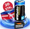A product shot of D-cell batteries with a box and marketing overlays. Produktbild-Vorschau