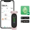 A smartphone displaying fitness data, a pink fitness tracker, and app store icons. Podgląd zdjęcia produktu