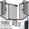 A black metal baby gate is displayed in various configurations, including a large, multi-panel setup and smaller, folded sections. The image also shows mounting hardware. Anteprima dell’immagine prodotto