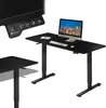 A black standing desk with a computer, keyboard, and mouse on top. A close-up of the desk's control panel is shown in the upper left corner. Produktbild-Vorschau