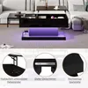 A black lift-top coffee table with purple LED lighting is shown in a living room setting, with close-up insets highlighting its features. Produktbild-Vorschau