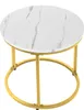 A round coffee table with a white marble-look top and a gold metal frame. Náhled obrázku produktu