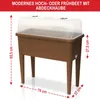 A brown raised garden bed with a clear lid, shown with dimensions indicated by red dashed lines and text. Produktbild-Vorschau