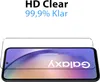 A screen protector is shown placed over a smartphone screen, with marketing text above. Produktbild-Vorschau