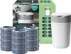 A product shot of a diaper pail and refill cartridges, with packaging in the background. Produktbild-Vorschau