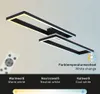 A modern, rectangular LED ceiling light with two interconnected frames, shown with a remote control and text indicating color temperature options. Produktbild-Vorschau