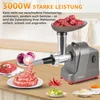 A meat grinder is shown on a wooden table, with ingredients like raw meat, onions, and chilies around it. Produktbild-Vorschau