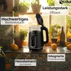 A black electric kettle with a glass top is shown on a kitchen counter with plants and fruit in the background. Text overlays highlight product features. Produktbild-Vorschau