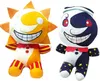 Two plush toys, one resembling the sun and the other the moon, are displayed against a white background. Produktbild-Vorschau