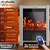 A marketing image for an electric fireplace, showing its features and controls. Produktbild-Vorschau