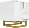 A white TV cabinet with gold accents and a gold geometric base, shown against a white background. Produktbild-Vorschau
