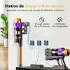 A cordless vacuum cleaner and its charging station mounted on a wall, with informational text overlay. Voir les images du produit