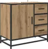 A product shot of a bathroom cabinet with a wood-grain finish and black metal frame. Podgląd zdjęcia produktu