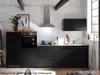 A modern black kitchen with wooden countertops, featuring an oven, sink, and cabinetry. Produktbild-Vorschau